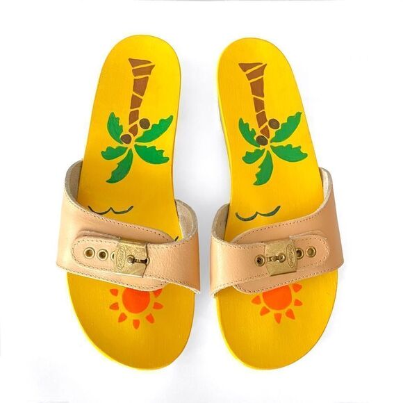 Dr. Scholl’s Hand Painted Palm Tree Wooden Clog Sandals - Picture 2 of 7